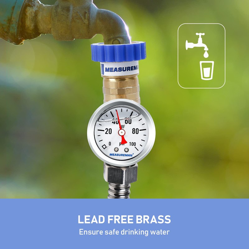 MEASUREMAN Lead-Free Brass Water Pressure Regulator 3/4" GHT, 0-100 PSI
