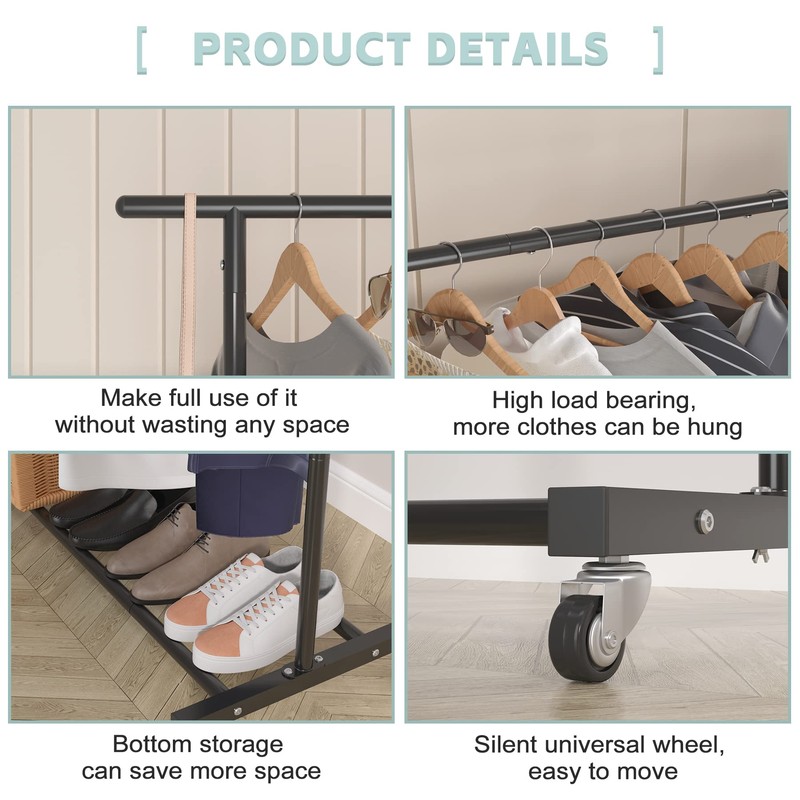 Sywhitta Double Rod Clothing Garment Rack, Rolling Clothes Organizer on