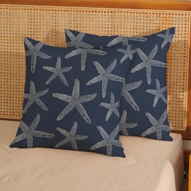 DAFENA Navy Blue Coastal Pillow Covers 18x18 Inch 2 Pcs Sea Starfish Decor Throw Pillows Nautical Beach Ocean Themed Summer Outdoor Holiday Decoration Pillowcase Linen Cushion Cover for Couch Sofa