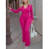 MOOSLOVER Women V Neck Polo Collared Long Sleeve Jumpsuit Ribbed