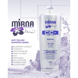 Mirna Professional Anti Yellow Color Care Shampoo. Delicate pH acid formula, also contains Vitamin F, Provitamin B5 Panthenol, SIlk and Pearl Extracts. Enriched with Blueberry extract. 1000ml / 33.8oz
