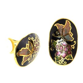 CLOISONNE' Ancient Decorativ Art Technique"TWO DESINGS, FOUR COLORS CLIP-ON" Earrings (Black Oval Shape Butterfly)