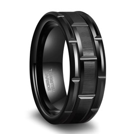 Greenpod 8mm Black Tungsten Carbide Rings for Men Brush Finish Brick Pattern Groove Polished Wedding Band for Him Size 10