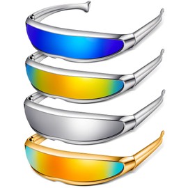 4 Pairs Futuristic Narrow Cyclops Sunglasses Robot Space Costume Color Lens (2 Silver 1 Gold Frame)