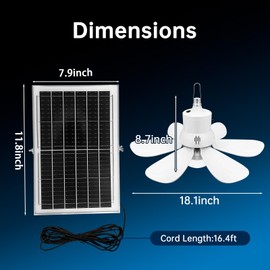 SADALAK 18.1" Solar Ceiling Fan Light with Battery Built-in 10000mAh Powered Rechargeable Hanging Portable Fan Long Cord Remote for Gazebo, Tent, Patios, Shed, Chicken Coop, RV, Greenhouse Outdoor