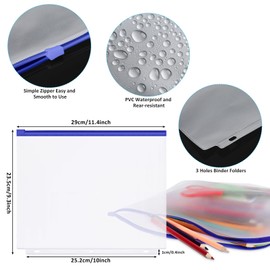 Zonon 30 PCS 3/6 Ring Binder Zipper Pouch Binder Pockets 3/6 Holes Clear Zipper Binder Folders Waterproof PVC Loose Leaf Bags Filling Bags(Blue Zippers,A4)