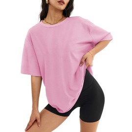 ATHMILE Womens Summer Spring Oversized T Shirts Loose Fit Crewneck Short Sleeve Tops Casual Blouse Y2K 2025 Basic Tee Beach Pink