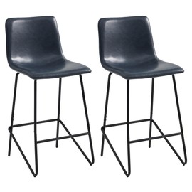 Watson & Whitely Bar Stools, Faux Leather Upholstered Barstool with Back, Metal Legs in Matte Black, 26" H Seat Height, Set of 2, Blue