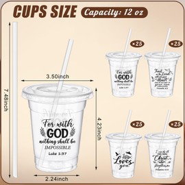 Jingmore 100 Pcs 12oz Inspirational Christian Gift Bible Verse Plastic Cups Bulk with Lids and Straws Religious Christian Disposable Cups for Church Party Favor Sunday School Church Baptism