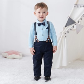 SANMIO Baby Boys' Suit, Toddler Boy Dress Clothes, Baby Boy Gentleman Outfits Suspender Pants Tuxedo Suits, Newborn boy clothes 0-18 Months
