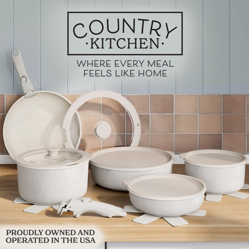 Country Kitchen Cookware Set with Removable Handle, Oven & RV