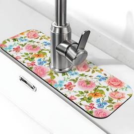 Faucet Drying Mat for Kitchen Sink Absorbent Microfiber Fast Drying Mats Splash Guard Drip Catcher Bathroom Washbasin Drying Pad 15x5.5 in (Pink Red Roses Floral)