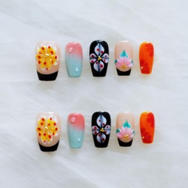 [GLORS] 3D Floral Press-On Nails, French Tip Design with Ombre Effect, Hawaiian Style Short False Nails, 10 Pieces (S,MB)