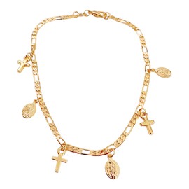 LESLIE BOULES Beautiful and Modern Gold-Plated Religious Anklet with Virgin of Guadalupe and Cross Charms - Adjustable up to 10 Inches