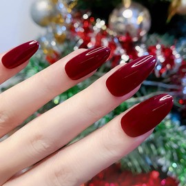 30pcs Red False Nails - Almond Press on Nails - Medium Cherry Red Fake Nails with Glue - Burgundy Stick on Nails for Women - Dark Red Nail Tips and Glue on Full Cover Long Lasting