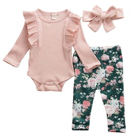 Geagodelia Baby Girl Clothing Outfit Set Newborn Toddler Clothes Bodysuit Top + Floral Pants + Headband 0-24M TZ-38207 (0-6 Months, Pink)