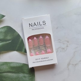 Pink French Tip Press on Nails Medium Length Fake Nails Full Cover Almond Shaped False Nails with Classic French Design Glossy Reusable Natural Nude Glue on Nails for Women Girls Manicure Decor