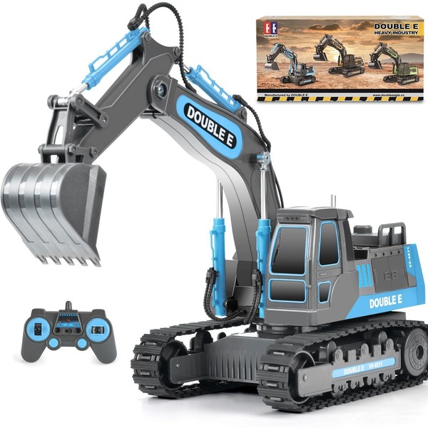 DOUBLE E Remote Control Excavator Toy RC Excavators Rechargeable Battery Digger Hydraulic Construction Toys Vehicles Xmas Gift for Boys Girls Kids 3-14 Years，Gray-Blue