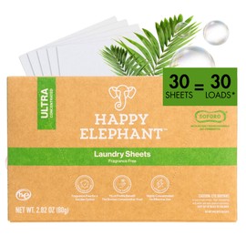 Happy Elephant Laundry Detergent Sheets, Fragrance Free, Natural Biodegradable Laundry Sheets, Plant Based, Tough on Stains, Gentle on Skin, Compatible with HE & Any Washing Machine, 30 Sheet, 1 Pack