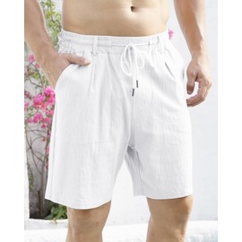 TAFLE - Pantalones cortos de lino para hombre, casual, cintura elástica, cordón, ligeros, día festivo, verano, playa, con bolsillos, Blanco, X-Large