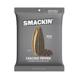 SMACKIN' - Jumbo Roasted Sunflower Seeds, No Salty Burn, American Made, Easy Pour & Seal - Cracked Pepper, 4oz bag (12 Bags)