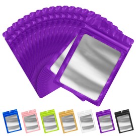 FUNFERY 100 Pack Mylar Resealable Bags Foil Packaging Bags with Clear Window,Zipper Pouch Smell Proof Bags for Food Storage,Cookies,Sample,Small Business(Purple,3.1x5.1inch)