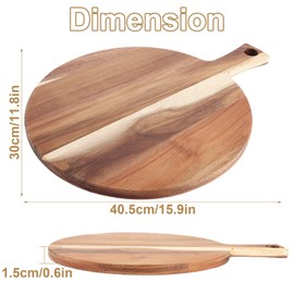 Acacia Wood Cutting Board Pizza Peel 39.5x29.5x1.5CM Round Wooden Charcuterie Board with Handle, Pizza Paddle and Cutting Board for Baking Homemade Pizza and Bread, Meat