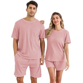 EISHOPEER Knit Matching Pajamas Sets Couple Drawstring Nightwear Short Sleeve Sleepwear 2 Pieces Loungewear with Shorts Pink Large