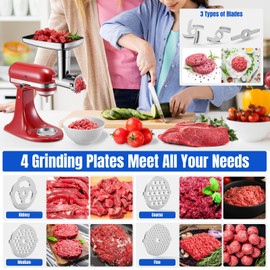 Metal Food Grinder Attachments for KitchenAid Stand Mixers, Meat Grinder, Sausage Stuffer, Perfect Mixer Attachment for KitchenAid Mixers, 15pcs Meat Grinder Accessories Set, Silver