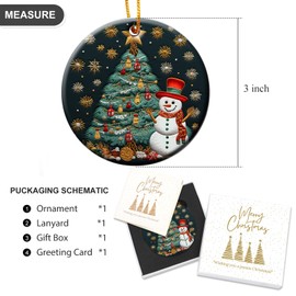 Gormcore Embroidered Christmas Tree and Snowman Ceramic Round Ornament for Christmas Tree Winter Holiday Keepsake Gift Xmas Gift Ornament 3" Gift Box Included
