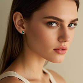 14K Gold Plated Green Emerald Stud Earrings for Women, March Birthstone 925 Sterling Silver Hypoallergenic Jewellery Gifts for Her