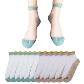FuninCrea 6 Pairs Sheer Socks, Summer Mesh Socks for Women Girl Breathable Casual Ankle Lace Socks Ultra Thin Ruffle Socks (Mesh, Blue+Khaki)