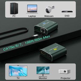 Tihokile HDMI Extender, 196ft HDMI Extension Adapter 1080P@60Hz, HDMI Over Ethernet Transmitter and Receiver