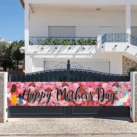 118 x 20 Inches Flowers Rose Yard Sign Happy Mother's Day Banner Holiday Hanging Decor Mom Party Supplies for Indoor Outdoor Garden Fence Balcony Welcome Home Decor