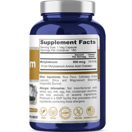 NusaPure Chelated Molybdenum 500 mcg 180 Vegetarian Caps (Vegan, Non-GMO)