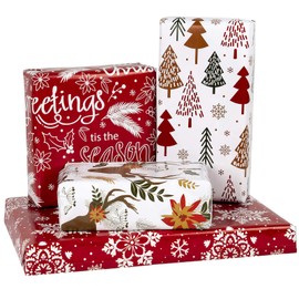 Holijolly Wrapping Paper Sheet - Folded Flat - 4 Different Christmas Red and White Design (2.8 Square Meters) - 70x100cm Per Sheet