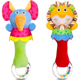 Baby Soft Rattle Sensory Toys - 2 Pack Newborn First Plush Rattle Stuffed Animals Hand Grip Set with Molar Teether Rings Early Educational Toy for Infant Toddler 0 3 6 9 12 Month Gift