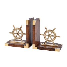 Nautical Ship Wheel Bookends – Gold Brass on Brown Wood Base, 6” x 4” x 6.5” Decorative Brass Book Holders for Coastal & Traditional Home Decor