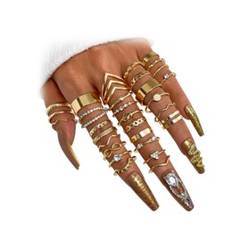 17IF 30 Pcs Gold Vintage Knuckle Ring Set for Women, Boho Crystal Finger Aesthetic Pearl Sparkle Butterfly Chunky Stackable Midi Ring Pack (Boho)