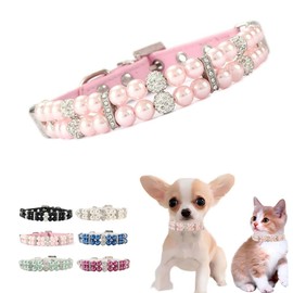 Pink Pearl Dog Collar, Crystal Fancy Bling Pearl Puppy Collars Girl Rhinestone Luxury Beaded Necklace Diamond Pet Jewelry for XXS XS Small Medium Female Dogs Cats, M