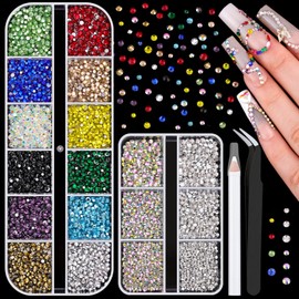 5400Pcs Glass Crystal Small Rhinestones for Nail Art, Tiny AB Clear Colorful Rhinestone Flatback Bedazzling Gems, Nail Rhinestones and Gems Crystals Charms for Acrylic Tips Manicure Decor