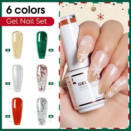 Nicedeco Hema Free Christmas Gel Nail Polish 6 Colors, Winter Sparkle Green Red Glitter Silver Champagne Gel Polish Kit for Nail Art Manicure