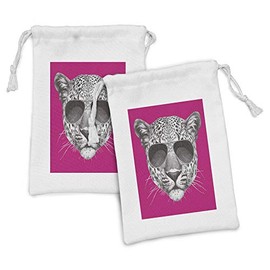 Lunarable Modern Fabric Pouch Set of 2, Hipster Leopard with Aviators Sunglasses Portrait Cool Wild Animal Illustration, Small Drawstring Bag for Toiletries Masks and Favors, 9" x 6", Magenta Grey