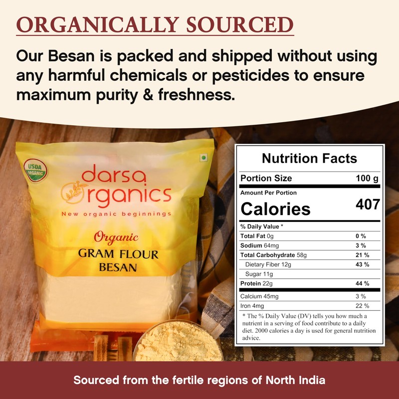 Darsa Organics Gram Flour - 2 lb Besan Flour, USDA