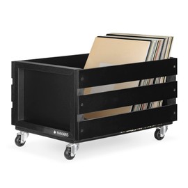 Navaris Wood Record Crate with Wheels - Vinyl Album Storage Holder Box Wooden Case with Chalkboard Sign Board - Holds up to 80 LP Records - Black
