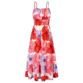 Women's Floral Summer Dress 2024 Spaghetti Strap Sleeveless Ruffle Hem Flowy Boho Maxi Dresses Red Floral S