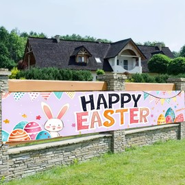BlissYard Happy Easter Banner 78x17 Inch Large Happy Easter Banner Bunny Spring Banner Egg Hunt Decorations Butterfly Flower for Outdoor Easter Theme Party Rustic Lawn Sign Backdrop Photo Props