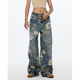 Women's High Waisted Wide Leg Jeans Flower Printed Straight Leg Baggy Jeans High Rise Loose Boyfriend Denim Pants Light Blue