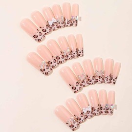 French Tip Press On Nails Long Square Coffin Fake Nails With Leopard Bow Design Glossy Acrylic False Nails Glue on Nails Full Cover Thick Stick on Nails for Women Girls 24Pcs XH-95-60