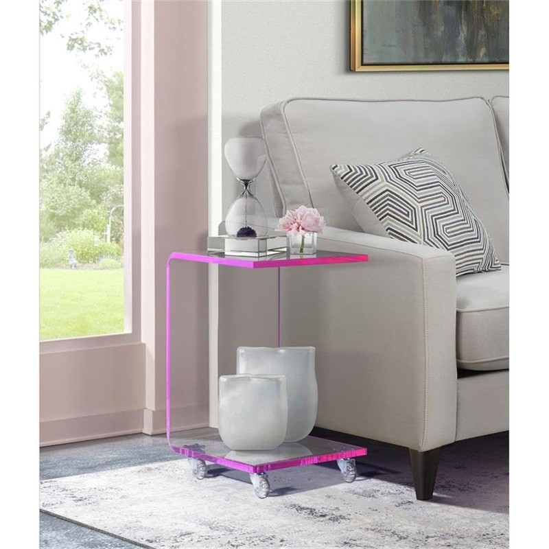 BOWERY HILL Modern Acrylic Plastic Snack Table in Pink/Clear